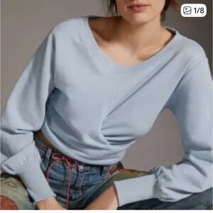 Anthropologie Womens Large Light Blue Cropped Sweatshirt Y2K Cottagecore